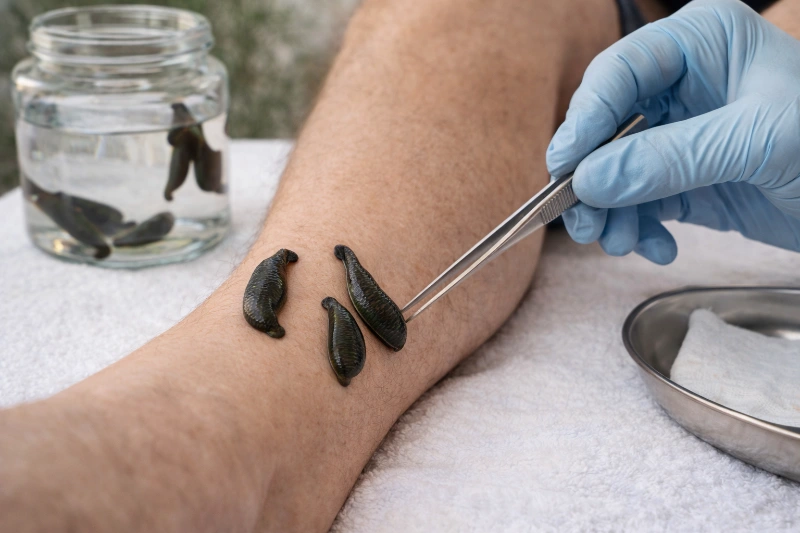 Blutegel auf der Haut eines Patienten