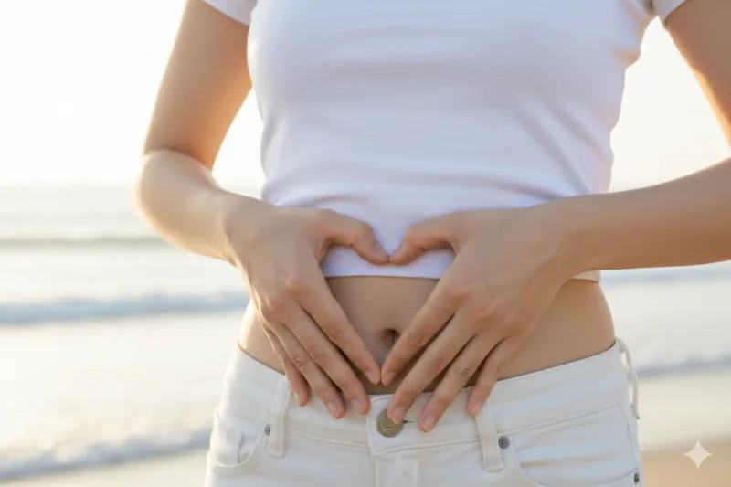 Frau die mit den Händen ein Herz vor dem Bauch formt