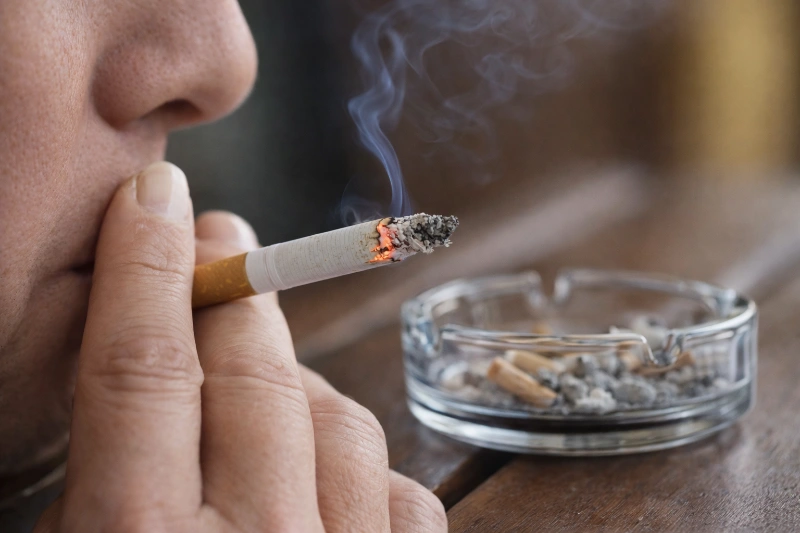 Person beim Rauchen einer Zigaratte neben dem Aschenbecher